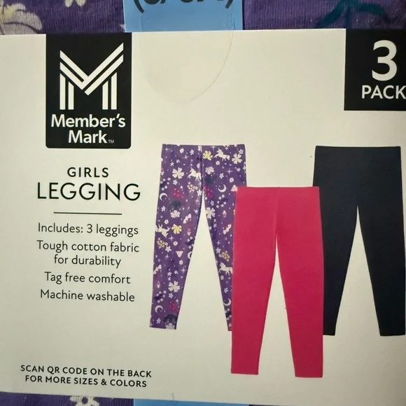Member's Mark Girls' Purple Floral & Pink 3-Pack Leggings - Picture 4 of 4